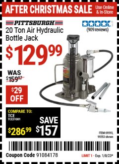 Harbor Freight Coupon 20 TON AIR/HYDRAULIC BOTTLE JACK Lot No. 59426 Expired: 1/8/23 - $129.99