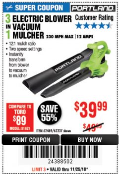 Harbor Freight Coupon 3 IN 1 ELECTRIC BLOWER VACUUM MULCHER Lot No. 62469/62337 Expired: 11/25/18 - $39.99