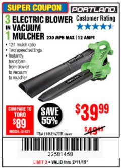 Harbor Freight Coupon 3 IN 1 ELECTRIC BLOWER VACUUM MULCHER Lot No. 62469/62337 Expired: 2/11/19 - $39.99