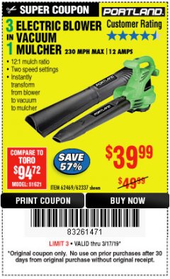 Harbor Freight Coupon 3 IN 1 ELECTRIC BLOWER VACUUM MULCHER Lot No. 62469/62337 Expired: 3/17/19 - $39.99