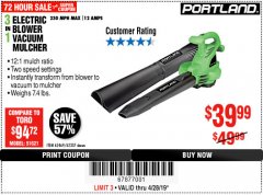 Harbor Freight Coupon 3 IN 1 ELECTRIC BLOWER VACUUM MULCHER Lot No. 62469/62337 Expired: 4/28/19 - $39.99