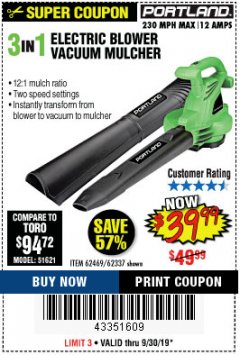 Harbor Freight Coupon 3 IN 1 ELECTRIC BLOWER VACUUM MULCHER Lot No. 62469/62337 Expired: 9/30/19 - $39.99