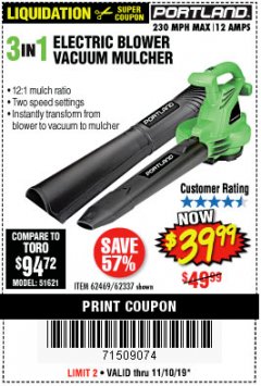 Harbor Freight Coupon 3 IN 1 ELECTRIC BLOWER VACUUM MULCHER Lot No. 62469/62337 Expired: 11/10/19 - $39.99