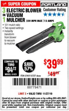Harbor Freight Coupon 3 IN 1 ELECTRIC BLOWER VACUUM MULCHER Lot No. 62469/62337 Expired: 11/27/19 - $39.99