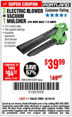 Harbor Freight Coupon 3 IN 1 ELECTRIC BLOWER VACUUM MULCHER Lot No. 62469/62337 Expired: 12/15/19 - $39.99