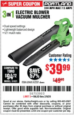Harbor Freight Coupon 3 IN 1 ELECTRIC BLOWER VACUUM MULCHER Lot No. 62469/62337 Expired: 2/9/20 - $39.99