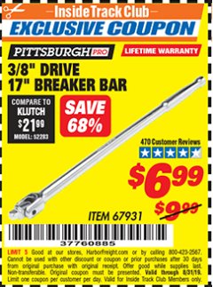 Harbor Freight ITC Coupon 3/8" DRIVE 17" BREAKER BAR Lot No. 67931 Expired: 8/31/19 - $6.99
