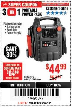 Harbor Freight Coupon 3-IN-1 PORTABLE POWER PACK WITH JUMP STARTER Lot No. 38391/60657/62306/62376/64083 Expired: 9/23/18 - $44.99