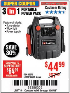 Harbor Freight Coupon 3-IN-1 PORTABLE POWER PACK WITH JUMP STARTER Lot No. 38391/60657/62306/62376/64083 Expired: 10/1/18 - $44.99