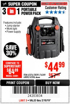 Harbor Freight Coupon 3-IN-1 PORTABLE POWER PACK WITH JUMP STARTER Lot No. 38391/60657/62306/62376/64083 Expired: 2/10/19 - $44.99