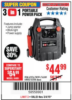 Harbor Freight Coupon 3-IN-1 PORTABLE POWER PACK WITH JUMP STARTER Lot No. 38391/60657/62306/62376/64083 Expired: 3/4/19 - $44.99