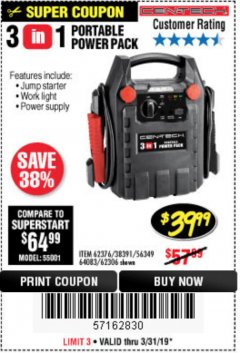 Harbor Freight Coupon 3-IN-1 PORTABLE POWER PACK WITH JUMP STARTER Lot No. 38391/60657/62306/62376/64083 Expired: 3/31/19 - $39.99