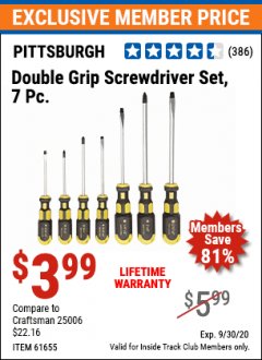 Harbor Freight ITC Coupon 7 PIECE DOUBLE GRIP SCREWDRIVER SET Lot No. 61655 Expired: 9/30/20 - $3.99