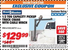 Harbor Freight ITC Coupon 1/2 TON CAPACITY PICKUP CRANE WITH CABLE WINCH Lot No. 61522/60731/37555 Expired: 6/30/18 - $129.99