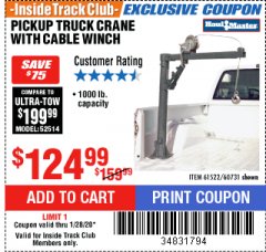 Harbor Freight ITC Coupon 1/2 TON CAPACITY PICKUP CRANE WITH CABLE WINCH Lot No. 61522/60731/37555 Expired: 1/28/20 - $124.99
