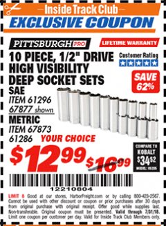 Harbor Freight ITC Coupon 10 PIECE, 1/2" DRIVE HIGH VISIBILITY DEEP WALL SOCKET SETS Lot No. 61296/67877/67873/61286 Expired: 7/31/18 - $12.99