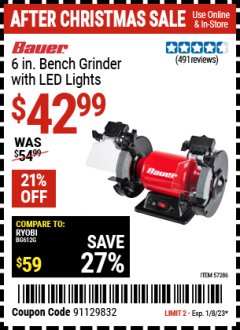 Harbor Freight Coupon 6" BENCH GRINDER WITH LIGHT Lot No. 37822/61748/61318 Expired: 1/8/23 - $42.99