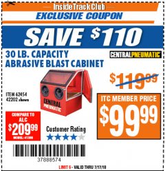 Harbor Freight ITC Coupon 30 LB. CAPACITY ABRASIVE BENCHTOP BLAST CABINET Lot No. 62454/42202 Expired: 7/17/18 - $99.99