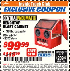 Harbor Freight ITC Coupon 30 LB. CAPACITY ABRASIVE BENCHTOP BLAST CABINET Lot No. 62454/42202 Expired: 8/31/18 - $99.99