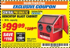 Harbor Freight ITC Coupon 30 LB. CAPACITY ABRASIVE BENCHTOP BLAST CABINET Lot No. 62454/42202 Expired: 11/30/18 - $99.99