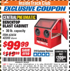 Harbor Freight ITC Coupon 30 LB. CAPACITY ABRASIVE BENCHTOP BLAST CABINET Lot No. 62454/42202 Expired: 1/31/19 - $99.99