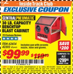 Harbor Freight ITC Coupon 30 LB. CAPACITY ABRASIVE BENCHTOP BLAST CABINET Lot No. 62454/42202 Expired: 4/30/19 - $99.99