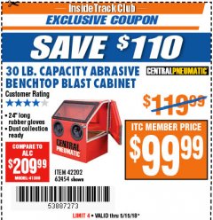 Harbor Freight ITC Coupon 30 LB. CAPACITY ABRASIVE BENCHTOP BLAST CABINET Lot No. 62454/42202 Expired: 5/15/18 - $99.99
