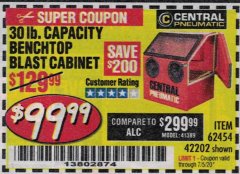 Harbor Freight Coupon 30 LB. CAPACITY ABRASIVE BENCHTOP BLAST CABINET Lot No. 62454/42202 Expired: 7/5/20 - $99.99