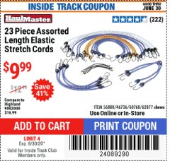 Harbor Freight ITC Coupon 23 PIECE ASSORTED LENGTH ELASTIC STRETCH CORDS Lot No. 60760/46736 Expired: 6/30/20 - $9.99