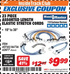 Harbor Freight ITC Coupon 23 PIECE ASSORTED LENGTH ELASTIC STRETCH CORDS Lot No. 60760/46736 Expired: 9/30/19 - $9.99