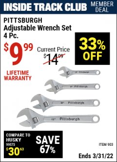 Harbor Freight ITC Coupon 4 PIECE ADJUSTABLE WRENCH SET Lot No. 903/69427/60690 Expired: 3/31/22 - $9.99