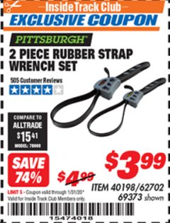 Harbor Freight ITC Coupon 2 PIECE RUBBER STRAP WRENCH SET Lot No. 69373/94119/40198/62702 Expired: 1/31/20 - $3.99