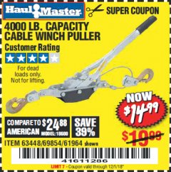 Harbor Freight Coupon 4000 LB. CAPACITY CABLE WINCH PULLER Lot No. 18600 Expired: 12/1/18 - $14.99