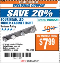 Harbor Freight ITC Coupon FOUR HEAD, LED UNDER-CABINET LIGHT Lot No. 96794 Expired: 6/5/18 - $7.99