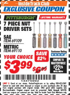 Harbor Freight ITC Coupon 7 PIECE NUT DRIVER SETS Lot No. 69109/69110 Expired: 5/31/18 - $3.99
