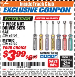 Harbor Freight ITC Coupon 7 PIECE NUT DRIVER SETS Lot No. 69109/69110 Expired: 11/30/18 - $3.99