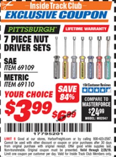 Harbor Freight ITC Coupon 7 PIECE NUT DRIVER SETS Lot No. 69109/69110 Expired: 2/28/19 - $3.99