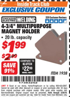 Harbor Freight ITC Coupon 4-3/4" MULTIPURPOSE MAGNET HOLDER Lot No. 1938 Expired: 2/28/19 - $1.99