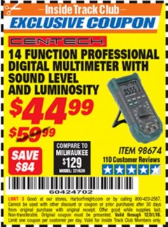 Harbor Freight ITC Coupon 14 FUNCTION PROFESSIONAL DIGITAL MULTIMETER WITH SOUND LEVEL AND LUMINOSITY Lot No. 98674 Expired: 12/31/18 - $44.99