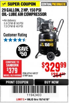 Harbor Freight Coupon 2 HP, 29 GALLON 150 PSI CAST IRON VERTICAL AIR COMPRESSOR Lot No. 62765/68127/69865/61489 Expired: 10/14/18 - $329.99