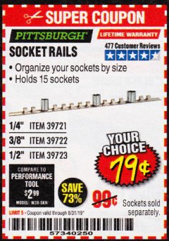 Harbor Freight Coupon SOCKET RAILS Lot No. 39721/39722/39723 Expired: 8/31/19 - $0.79