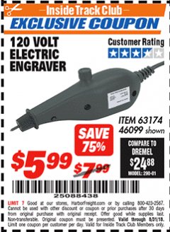 Harbor Freight ITC Coupon 120 VOLT ELECTRIC ENGRAVER Lot No. 46099/63174 Expired: 8/31/18 - $5.99