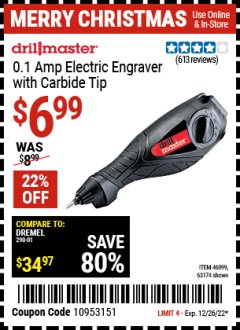 Harbor Freight Coupon 120 VOLT ELECTRIC ENGRAVER Lot No. 46099/63174 Expired: 12/26/22 - $6.99