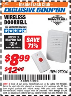 Harbor Freight ITC Coupon WIRELESS DOORBELL Lot No. 97004 Expired: 5/31/19 - $8.99