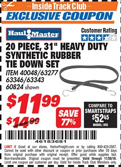 Harbor Freight ITC Coupon 31" HEAVY DUTY SYNTHETIC RUBBER TIE DOWN SET PACK OF 20 Lot No. 40048/60824/63343/63277 Expired: 11/30/18 - $11.99