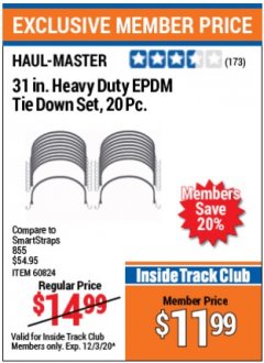 Harbor Freight ITC Coupon 31" HEAVY DUTY SYNTHETIC RUBBER TIE DOWN SET PACK OF 20 Lot No. 40048/60824/63343/63277 Expired: 12/3/20 - $11.99