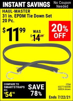 Harbor Freight Coupon 31" HEAVY DUTY SYNTHETIC RUBBER TIE DOWN SET PACK OF 20 Lot No. 40048/60824/63343/63277 Expired: 7/22/21 - $11.99