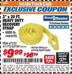 Harbor Freight ITC Coupon 2" X 20 FT. HEAVY DUTY RECOVERY STRAP Lot No. 67232/61175/62760 Expired: 12/31/18 - $9.99