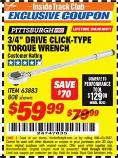 Harbor Freight ITC Coupon 3/4" DRIVE TORQUE WRENCH Lot No. 808/63883 Expired: 8/31/18 - $59.99