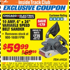 Harbor Freight ITC Coupon 4" x 24" VARIABLE SPEED PROFESSIONAL BELT SANDER Lot No. 69820 Expired: 10/31/18 - $59.99